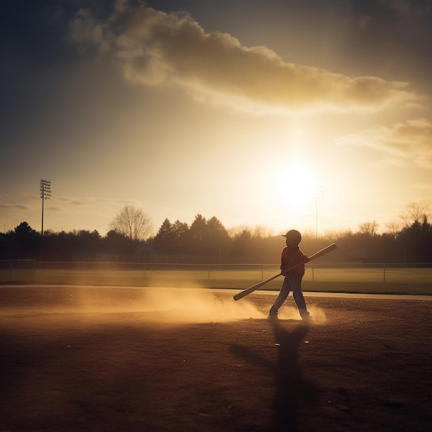 Uma pessoa está andando em um campo de beisebol com um esqui na mão.