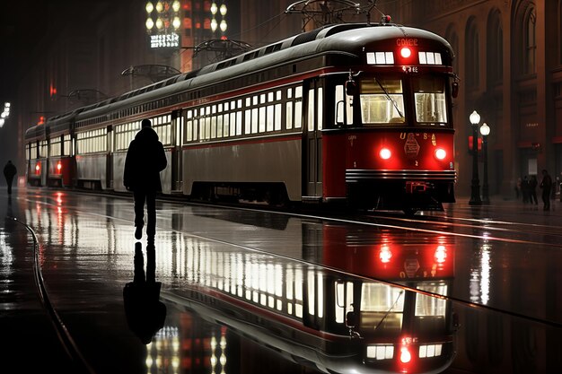 uma pessoa está andando na rua na frente de um trem