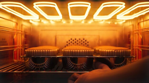 Foto uma pessoa está colocando cupcakes no forno.