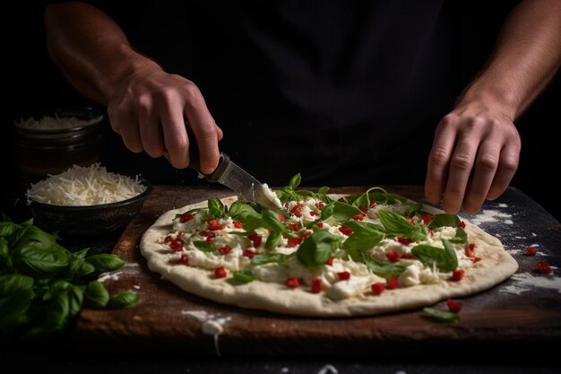 Foto uma pessoa está colocando queijo em uma pizza com algumas folhas