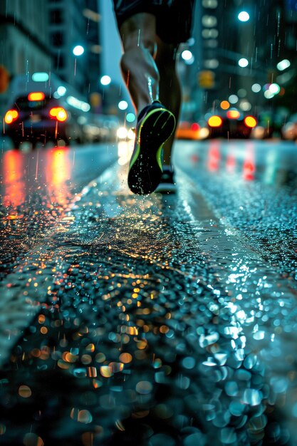 Uma pessoa está correndo na chuva com os pés salpicando em poças