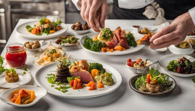 uma pessoa está cortando comida em uma mesa com outros pratos de comida