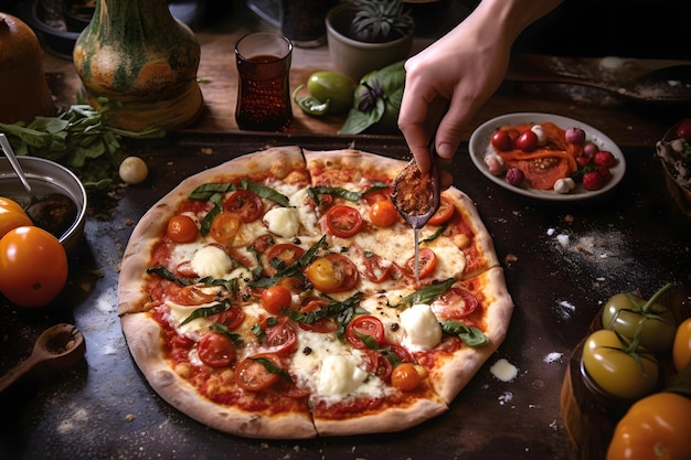 uma pessoa está cortando uma pizza com garfo e faca.