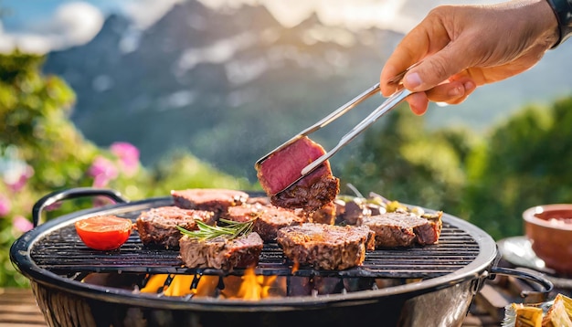 uma pessoa está cozinhando carne em uma grelha com uma montanha ao fundo