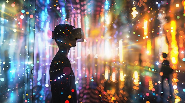 Uma pessoa está de pé em frente a uma parede colorida com um fone de ouvido de realidade virtual na cena é definido em um ambiente futurista com luzes brilhantes e uma sensação de maravilha