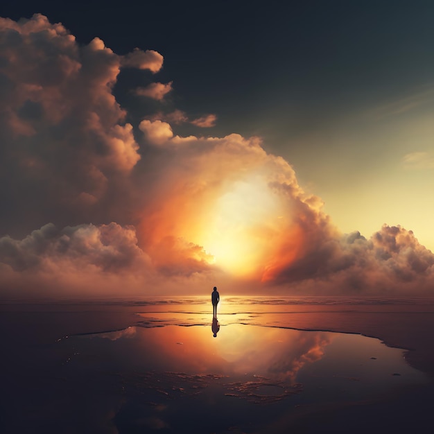 Uma pessoa está de pé na água e o sol está a pôr-se atrás das nuvens.