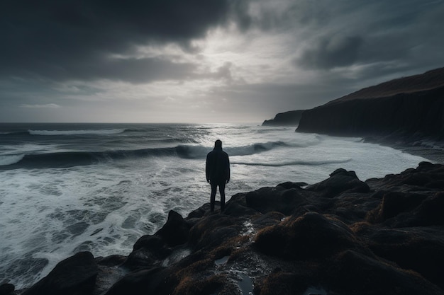 Uma pessoa está em uma costa rochosa olhando para o mar.