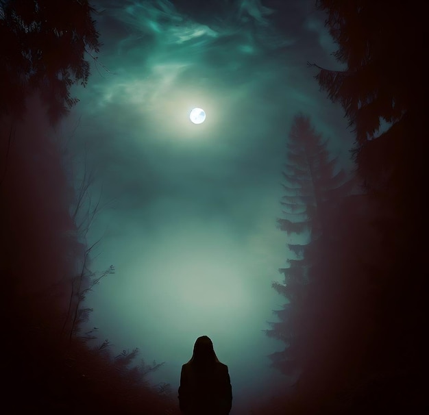 Uma pessoa está em uma floresta escura com a lua ao fundo.