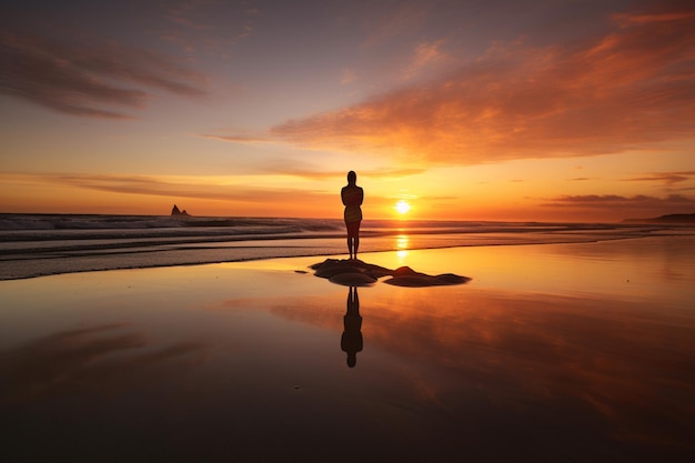 Uma pessoa está em uma praia com o sol se pondo atrás dela.