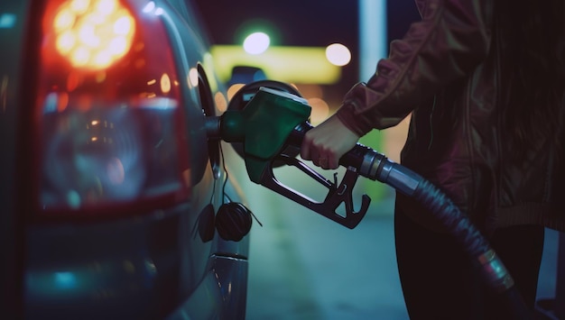 Foto uma pessoa está enchendo um carro com gasolina uma pessoa segura um bico de combustível enquanto reabastece um carro durante um posto de gasolina