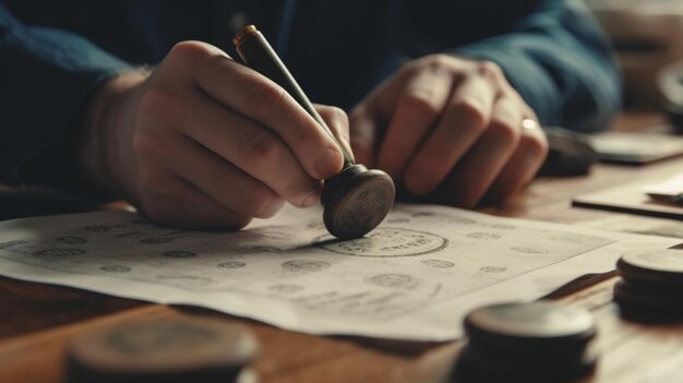 uma pessoa está escrevendo em um papel com uma caneta e uma caneta