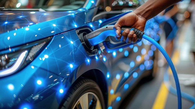 Foto uma pessoa está ligando um carro a uma estação de carregamento