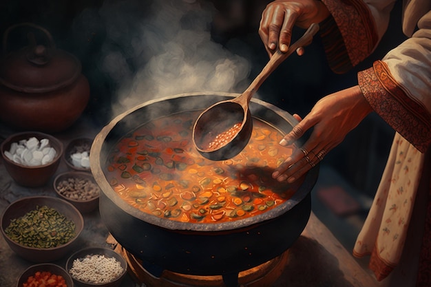 Uma pessoa está mexendo uma panela de sopa com uma colher.