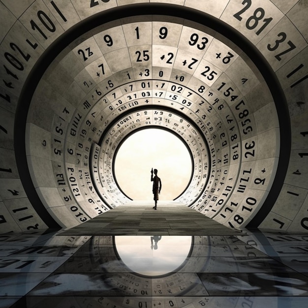 Uma pessoa está parada em um túnel com números na parte inferior e inferior.