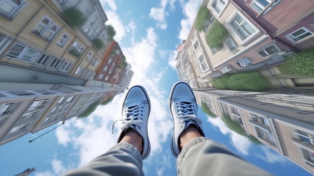 Uma pessoa está parada em uma rua e está de tênis e o céu está azul.