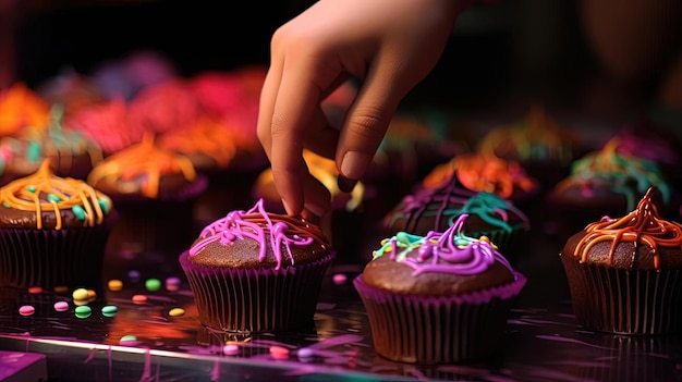 uma pessoa está pegando um cupcake com gelo roxo e salpicaduras roxas