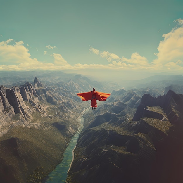 uma pessoa está pilotando um avião sobre um riacho de montanha