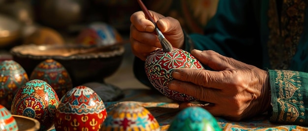 uma pessoa está pintando ovos com um pincel