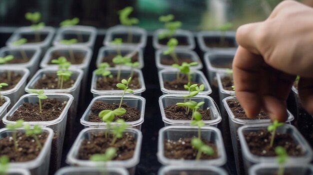 Foto uma pessoa está plantando mudas em pequenos recipientes de plástico