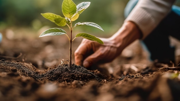 Uma pessoa está plantando uma planta na terra Imagem generativa de IA Plantando árvores para um futuro verde e sustentável