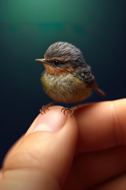 Foto uma pessoa está segurando um pequeno pássaro no dedo