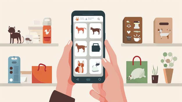 Foto uma pessoa está segurando um smartphone na mão o telefone está aberto para um aplicativo que está vendendo suprimentos para animais de estimação