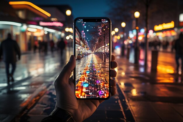 Uma pessoa está segurando um telefone celular até uma cena de rua capturando as luzes