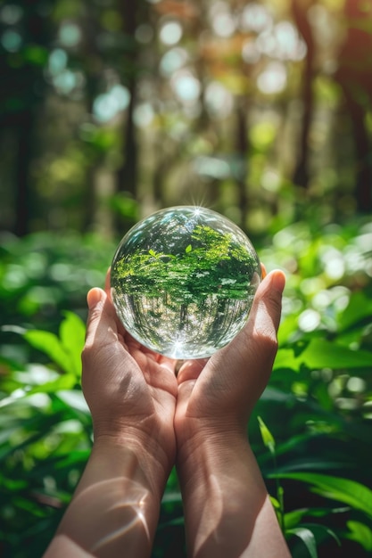 Uma pessoa está segurando uma bola de vidro com uma folha verde dentro Conceito de maravilha e apreciação pela natureza