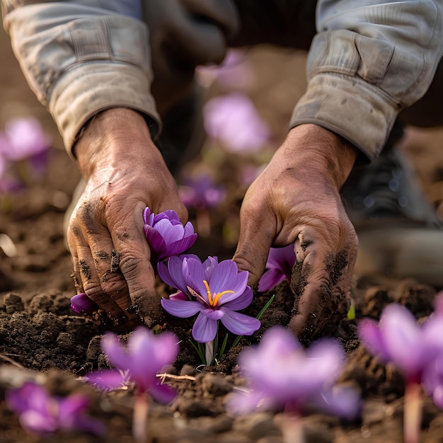 Uma pessoa está segurando uma flor em suas mãos enquanto escava no chão com sujeira e sujeira ao redor