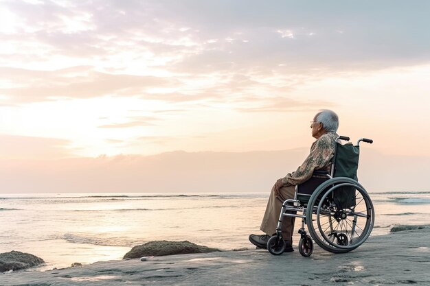 Uma pessoa está sentada em uma cadeira de rodas em uma praia