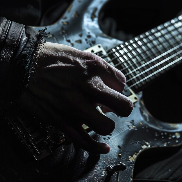 uma pessoa está tocando uma guitarra com uma jaqueta de couro preta