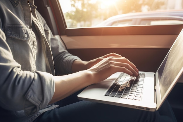 Uma pessoa está trabalhando remotamente em um laptop enquanto viaja Generative ai