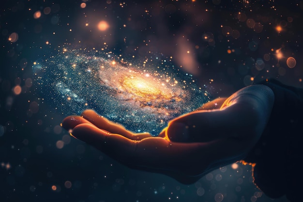 Uma pessoa estendendo a mão na frente de uma galáxia