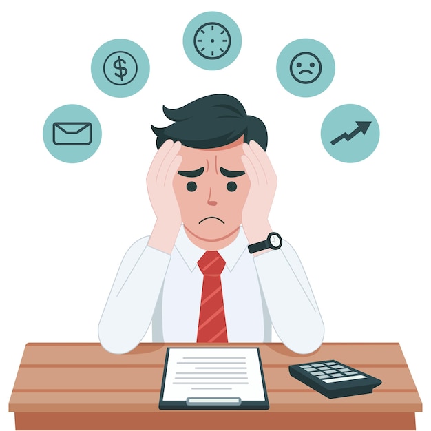 Uma pessoa estressada senta-se em uma mesa cercada de papelada e de uma calculadora que retrata os problemas relacionados com o trabalho