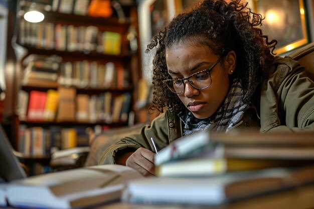 Foto uma pessoa estudando em um canto aconchegante da biblioteca com livros, notas e expressões focadas promovendo