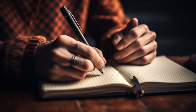 Uma pessoa estudando literatura segurando caneta e diário na mesa gerada por IA
