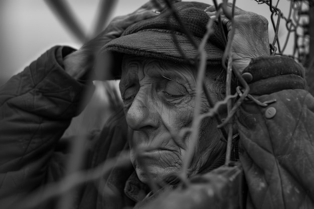 Foto uma pessoa exausta no campo de concentração do holocausto tragédia buchenwald auschwitz trostenets refletindo sobre experiências angustiantes de indivíduos em capítulos sombrios sofrimento humano durante a segunda guerra mundial