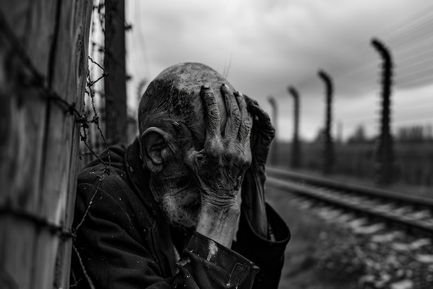 Uma pessoa exausta no campo de concentração do holocausto tragédia buchenwald auschwitz trostenets refletindo sobre experiências angustiantes de indivíduos em capítulos sombrios sofrimento humano durante a segunda guerra mundial