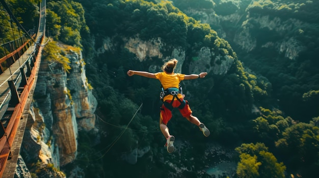 Uma pessoa fazendo bungee jumping de uma ponte alta