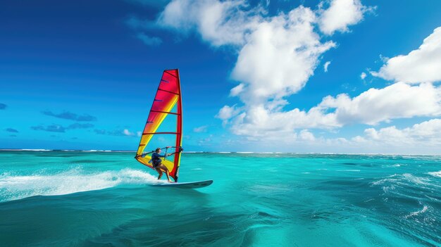 Foto uma pessoa fazendo windsurf graciosamente em um kiteboard vibrante impulsionado por rajadas de vento