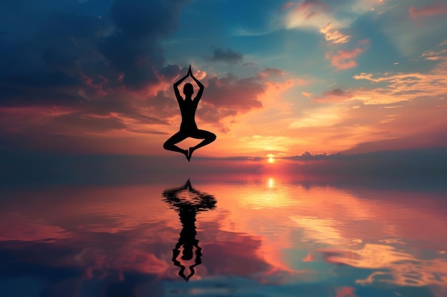 Uma pessoa fazendo yoga posa contra o pano de fundo de um belo pôr-do-sol Equilíbrio e harmonia retratados através de uma postura de yoga gerada por IA