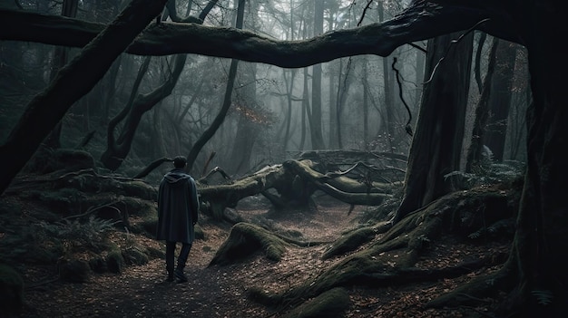 Uma pessoa fica à beira de uma floresta escura e agourenta