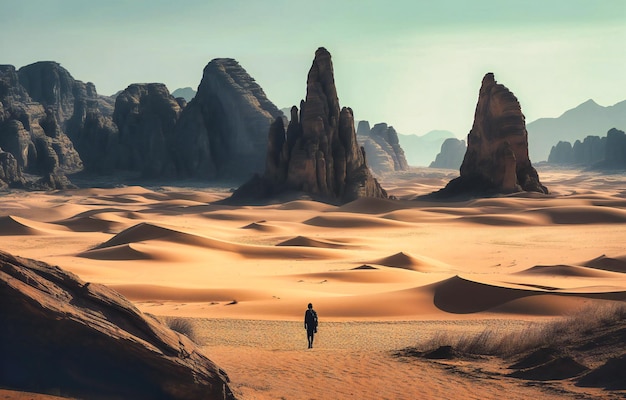 Uma pessoa fica no deserto cercada por formações rochosas