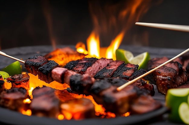 Uma pessoa grelhando carne no fogo