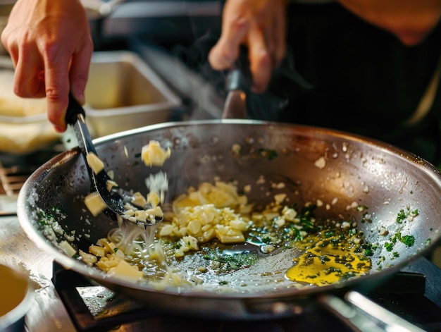 Uma pessoa habilmente cozinha comida em uma frigideira em um fogão criando uma deliciosa obra-prima com ingredientes cuidadosamente escolhidos