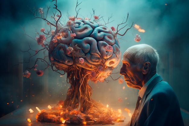 Uma pessoa idosa e sua arte cerebral Conceito de demência da doença de Alzheimer gerado por IA