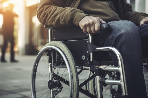 Uma pessoa idosa está sentada em uma cadeira de rodas