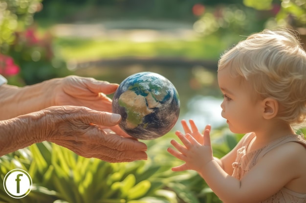 Uma pessoa idosa segurando um globo com uma criança olhando para ele