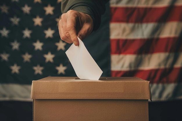 Foto uma pessoa inserindo um voto em uma urna de votação bandeira americana em fundo eleições presidenciais dos eua