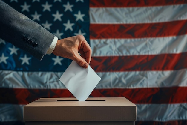 Foto uma pessoa inserindo um voto em uma urna de votação bandeira americana em fundo eleições presidenciais dos eua